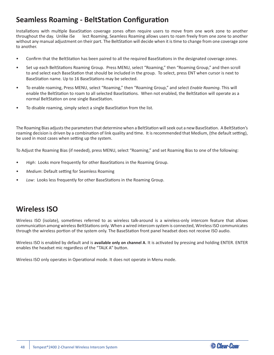 Seamless roaming - beltstati on confi gurati on, Wireless iso | Clear-Com Tempest2400 User Manual | Page 54 / 106