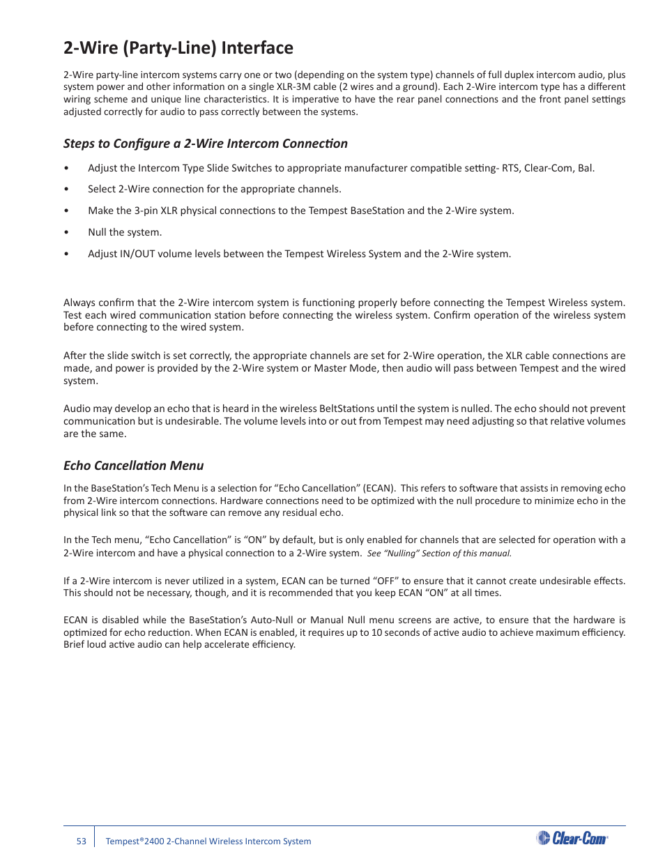 Wire (party-line) interface, Steps to conﬁ gure a 2-wire intercom connecti on, Echo cancellati on menu | Clear-Com Tempest2400 User Manual | Page 59 / 106