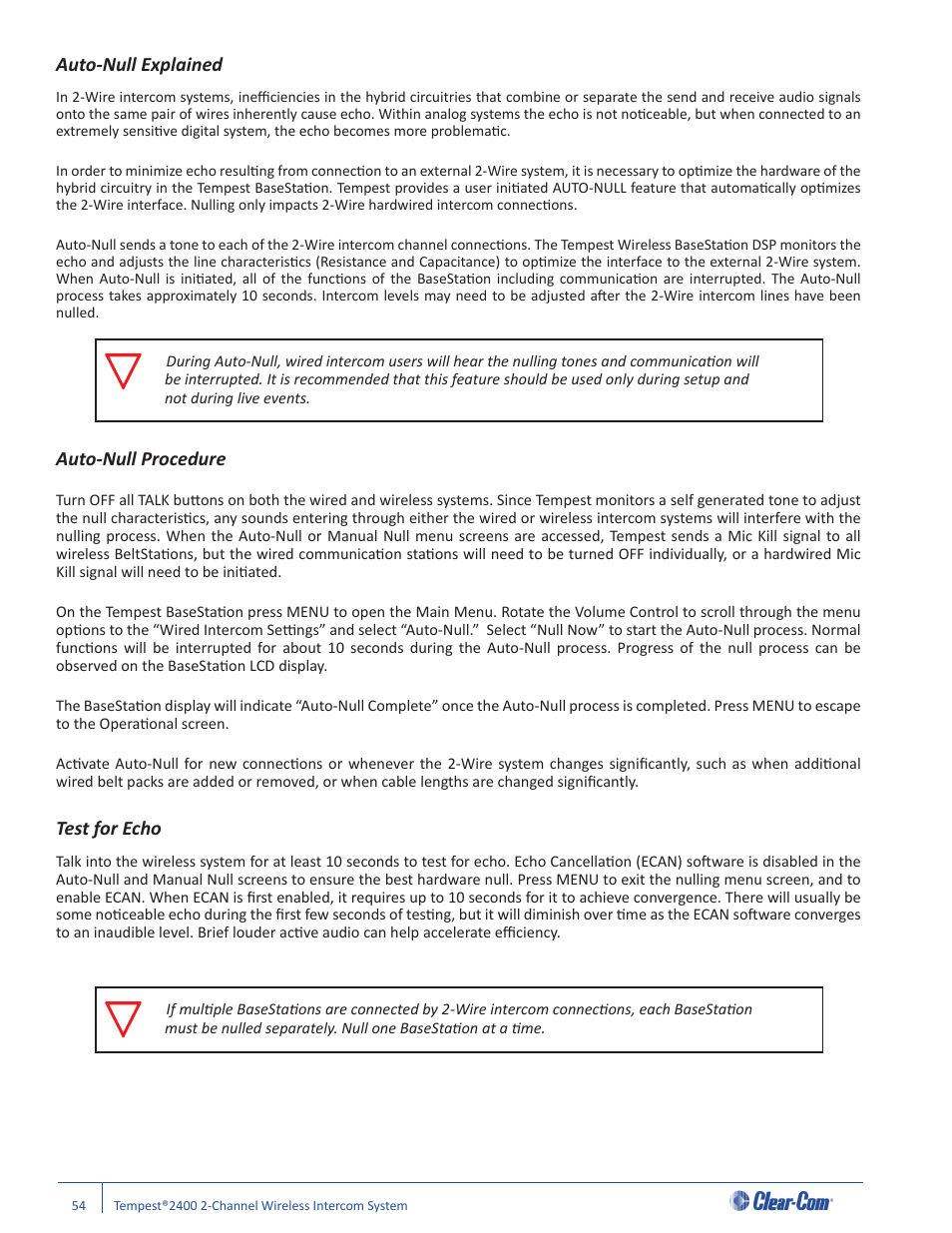 Auto-null explained, Auto-null procedure, Test for echo | Clear-Com Tempest2400 User Manual | Page 60 / 106