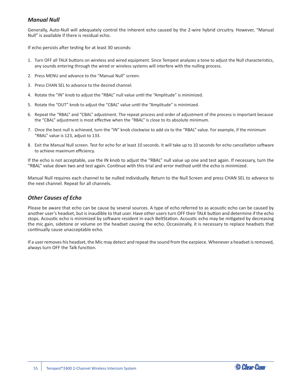 Manual null, Other causes of echo | Clear-Com Tempest2400 User Manual | Page 61 / 106