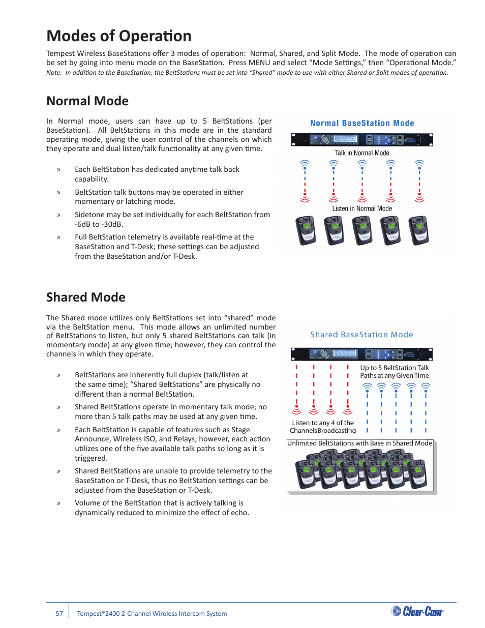 Modes of operati on, Normal mode, Shared mode | Clear-Com Tempest2400 User Manual | Page 63 / 106