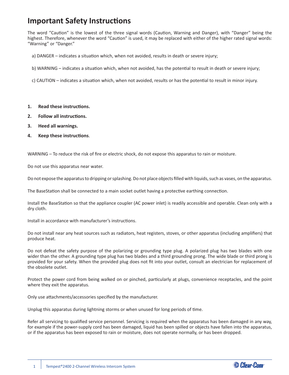 Important safety instructi ons | Clear-Com Tempest2400 User Manual | Page 7 / 106