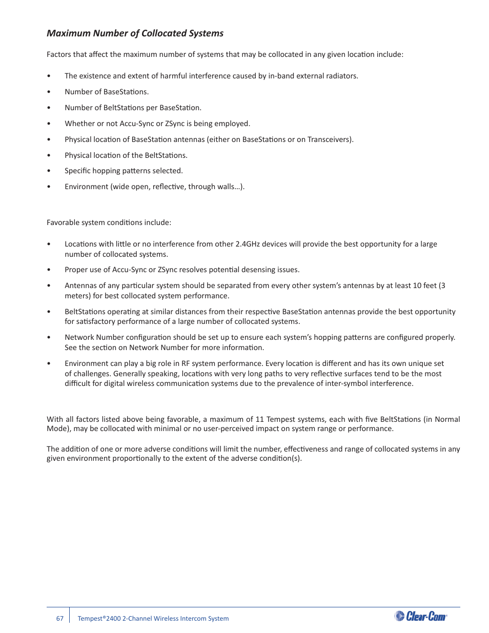 Maximum number of collocated systems | Clear-Com Tempest2400 User Manual | Page 73 / 106