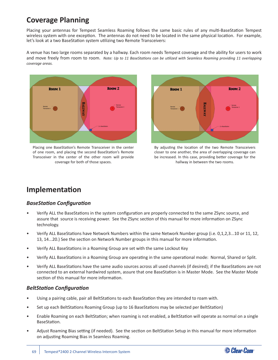 Coverage planning, Implementati on, Basestati on conﬁ gurati on | Beltstati on conﬁ gurati on | Clear-Com Tempest2400 User Manual | Page 75 / 106