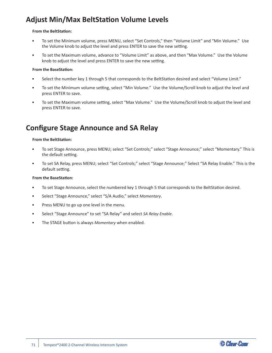 Adjust min/max beltstati on volume levels, Confi gure stage announce and sa relay | Clear-Com Tempest2400 User Manual | Page 77 / 106