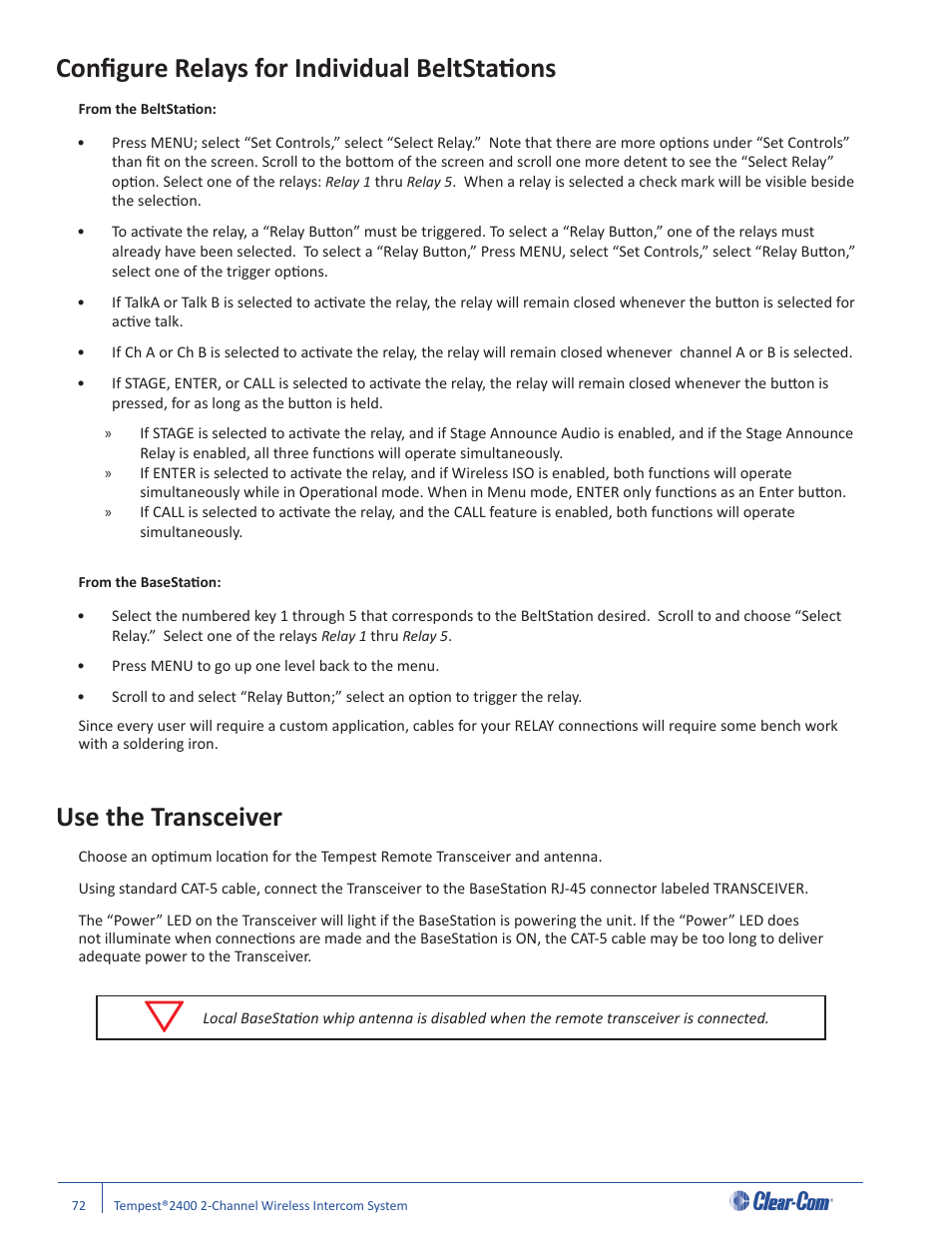 Confi gure relays for individual beltstati ons, Use the transceiver | Clear-Com Tempest2400 User Manual | Page 78 / 106