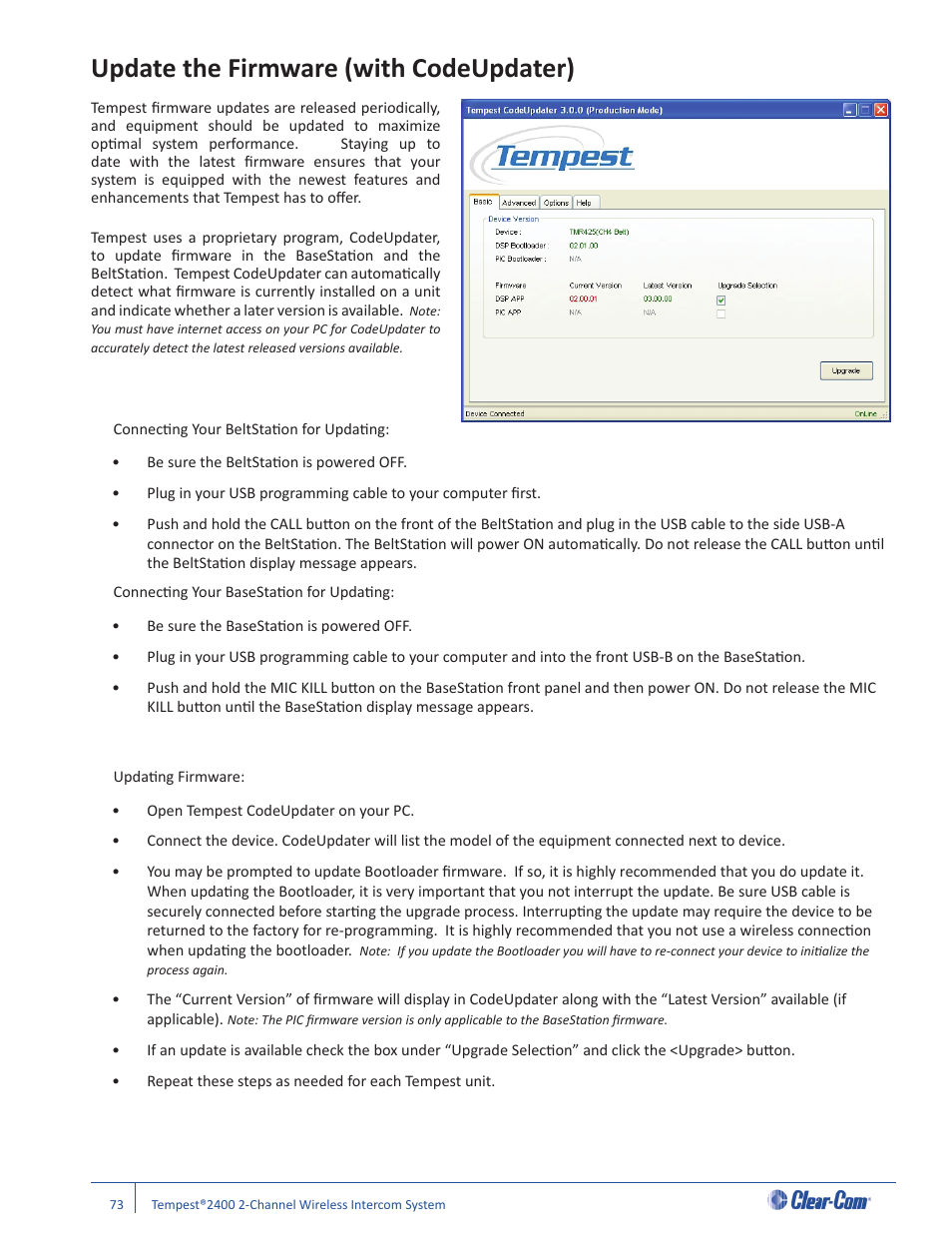Update the firmware (with codeupdater) | Clear-Com Tempest2400 User Manual | Page 79 / 106