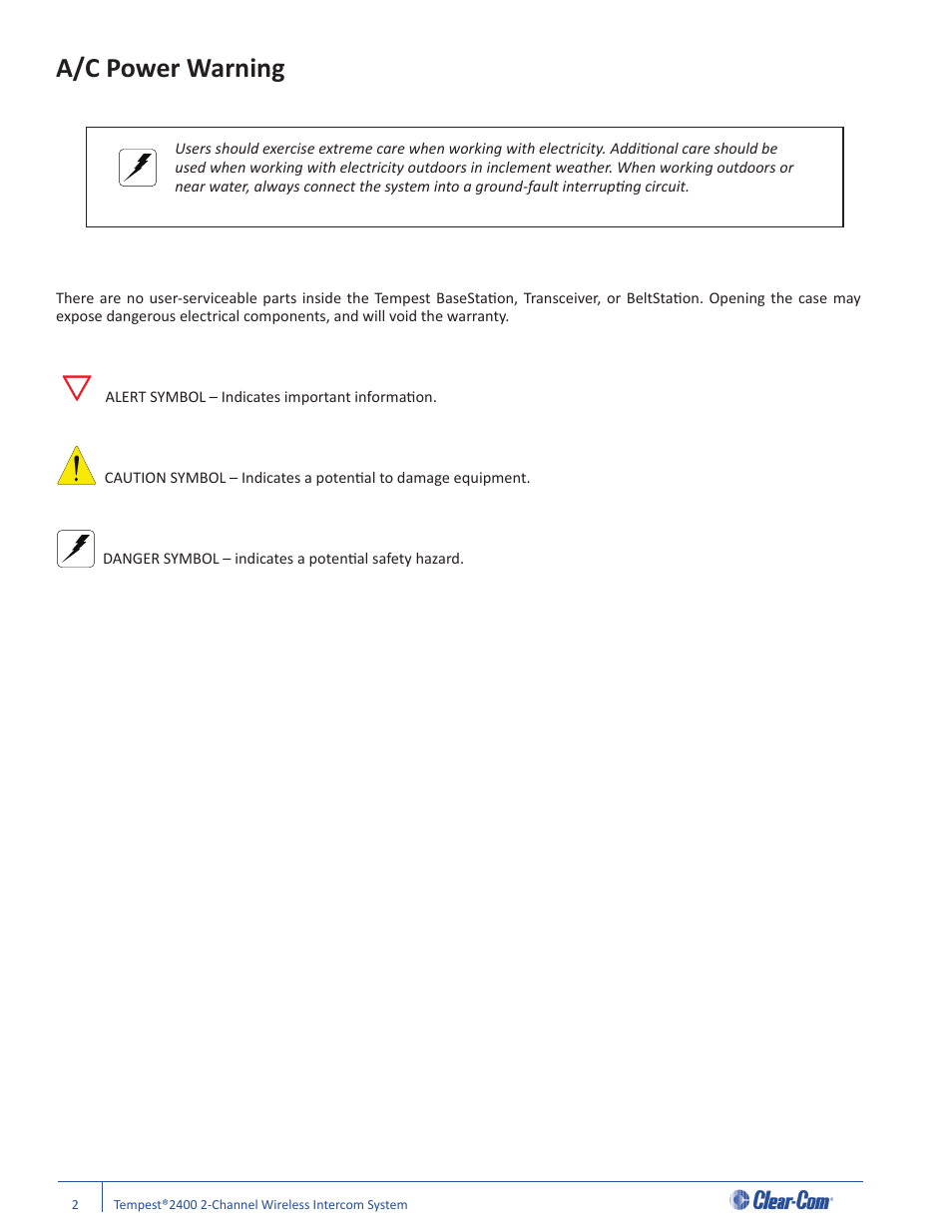 A/c power warning | Clear-Com Tempest2400 User Manual | Page 8 / 106