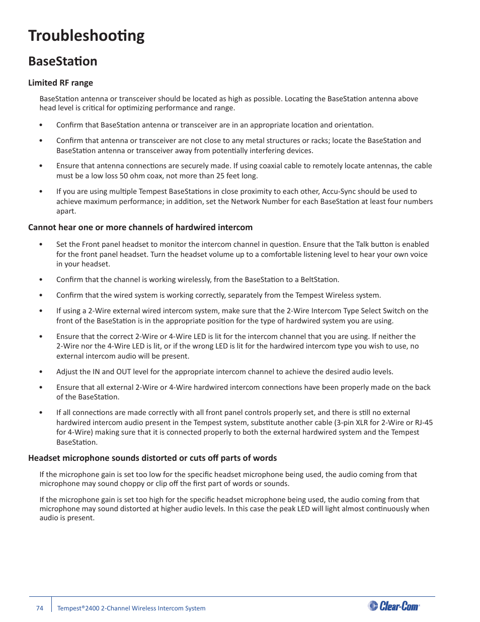 Troubleshooti ng, Basestati on | Clear-Com Tempest2400 User Manual | Page 80 / 106
