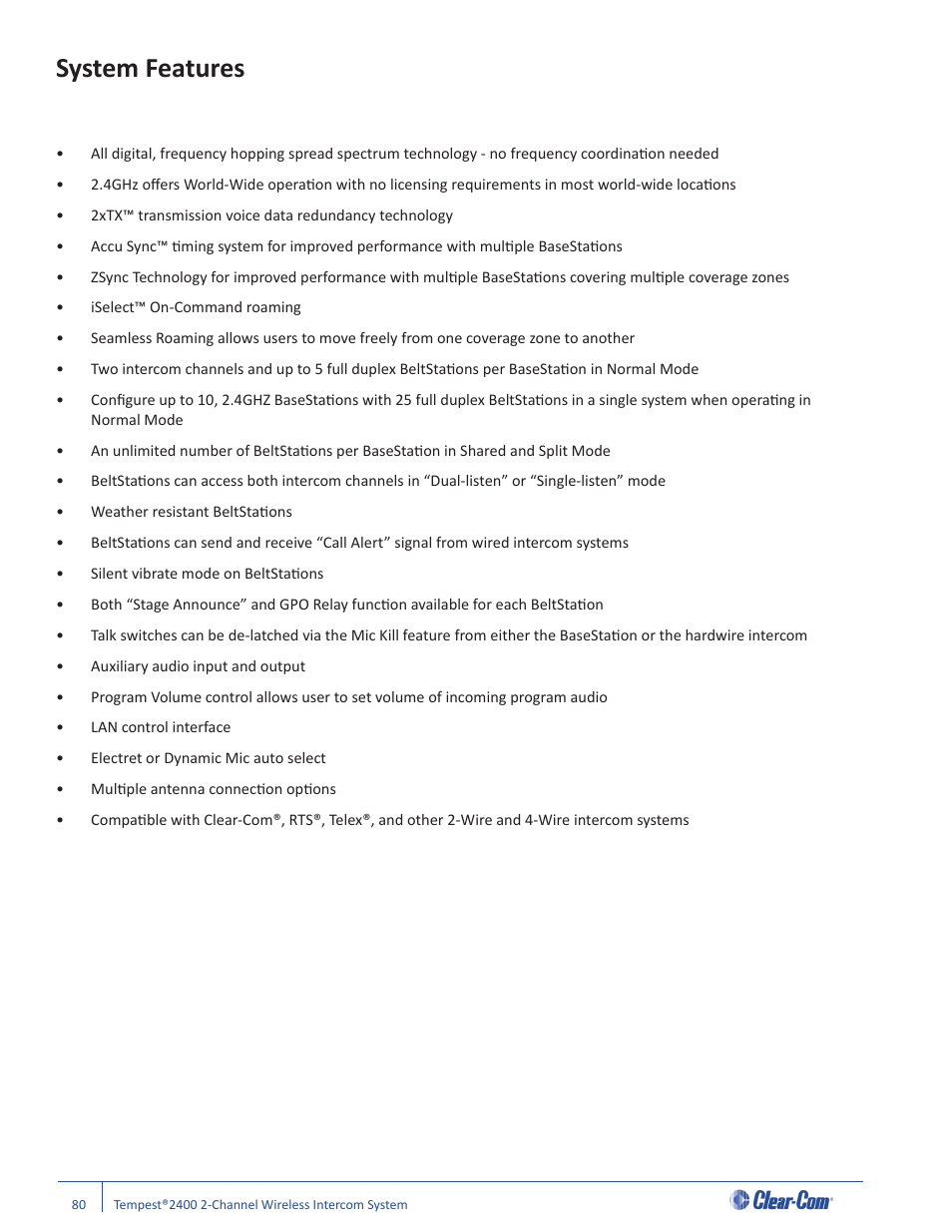 System features | Clear-Com Tempest2400 User Manual | Page 86 / 106