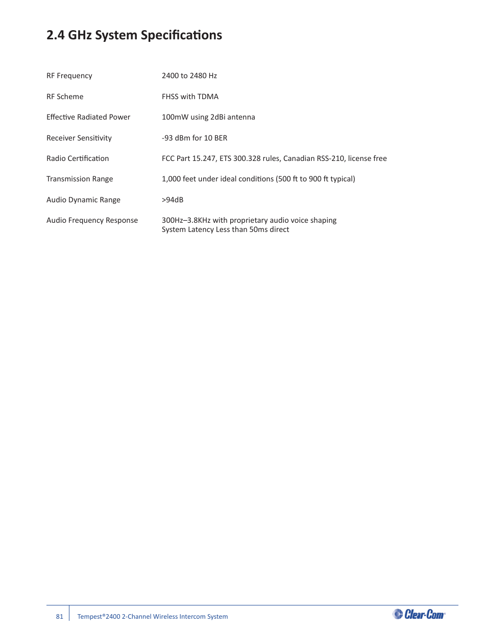 4 g hz system specifi cati ons | Clear-Com Tempest2400 User Manual | Page 87 / 106