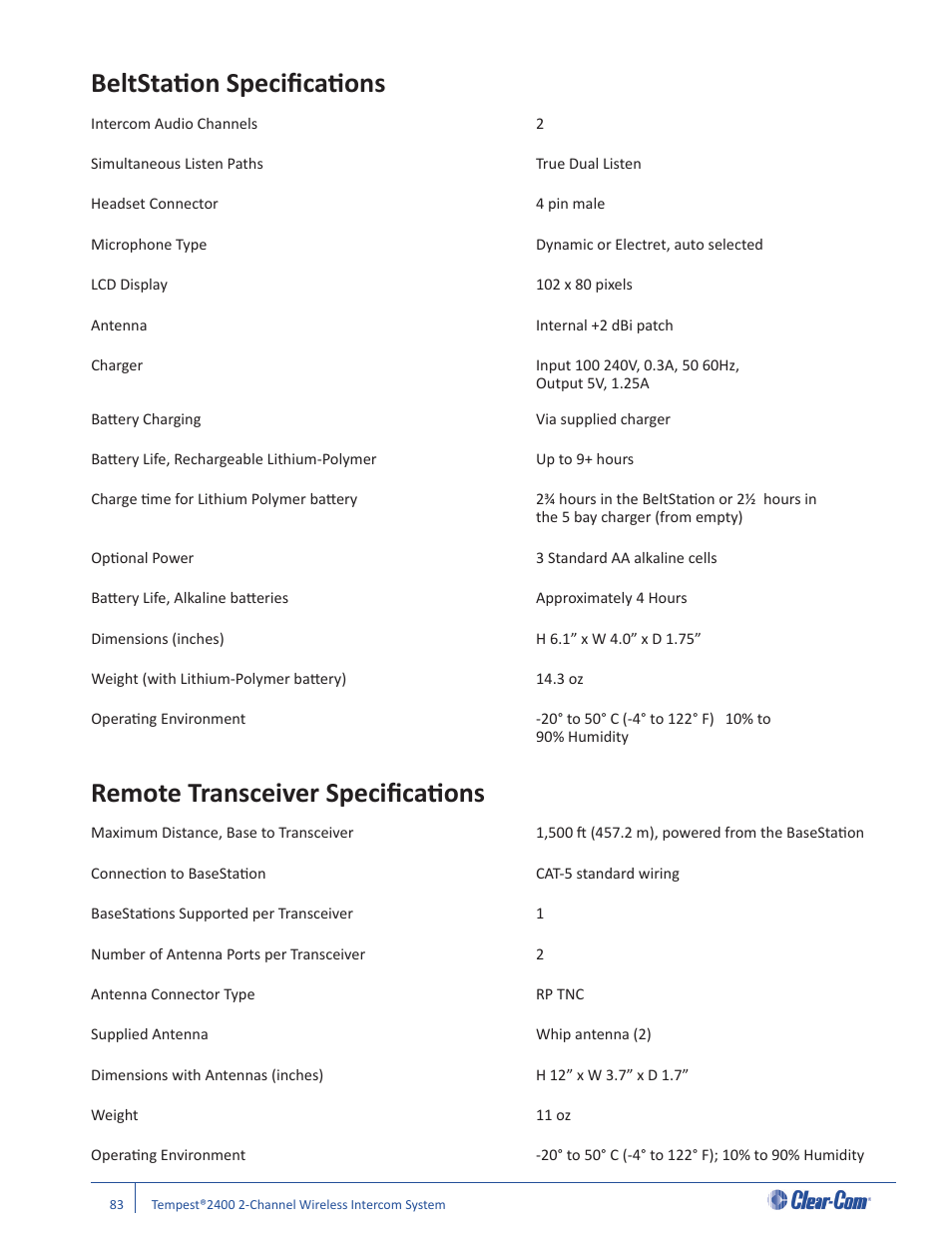 Beltstati on specifi cati ons, Remote transceiver specifi cati ons | Clear-Com Tempest2400 User Manual | Page 89 / 106