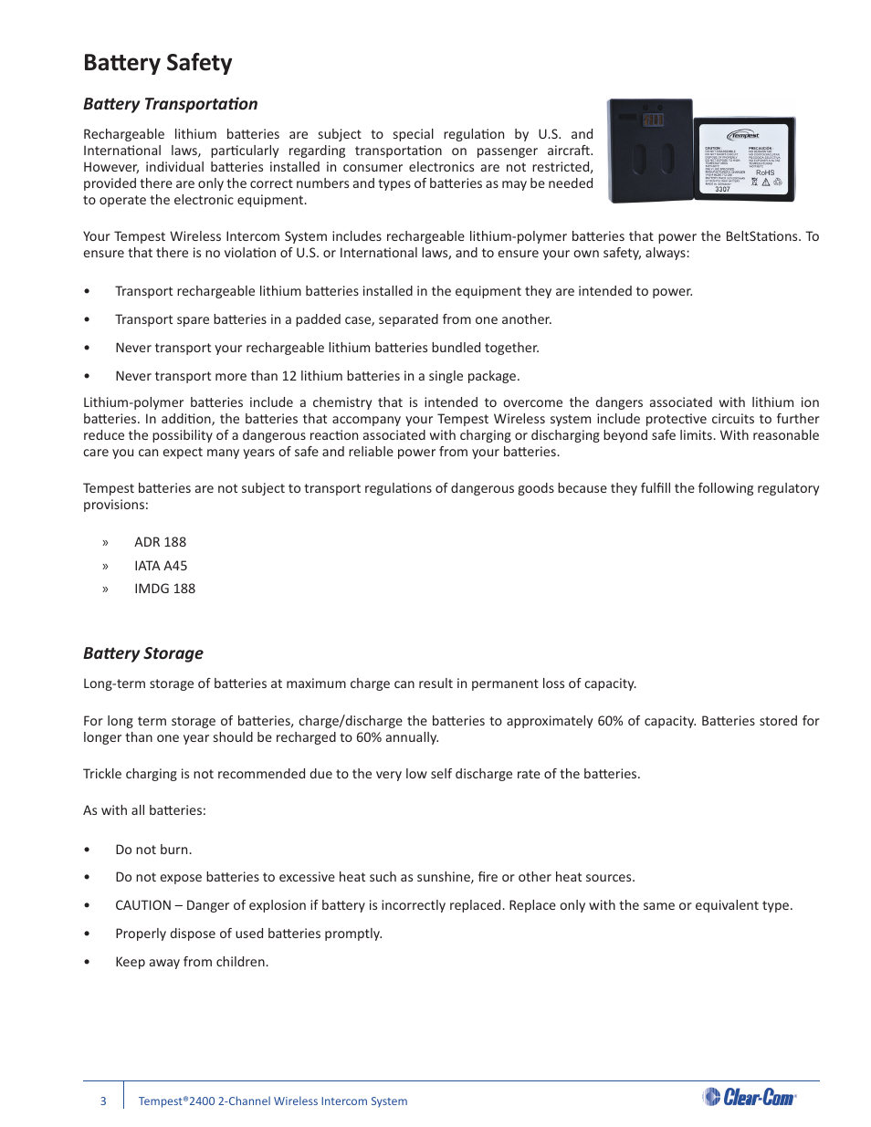 Batt ery safety, Batt ery transportati on, Batt ery storage | Clear-Com Tempest2400 User Manual | Page 9 / 106