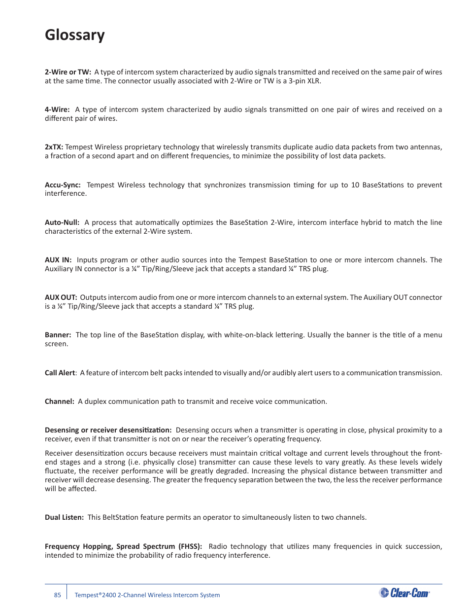 Glossary | Clear-Com Tempest2400 User Manual | Page 91 / 106