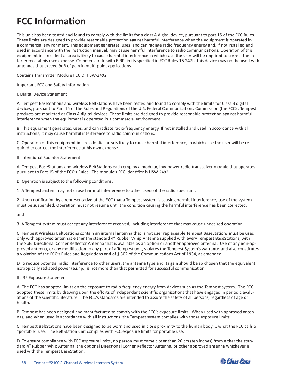 Fcc informati on | Clear-Com Tempest2400 User Manual | Page 94 / 106