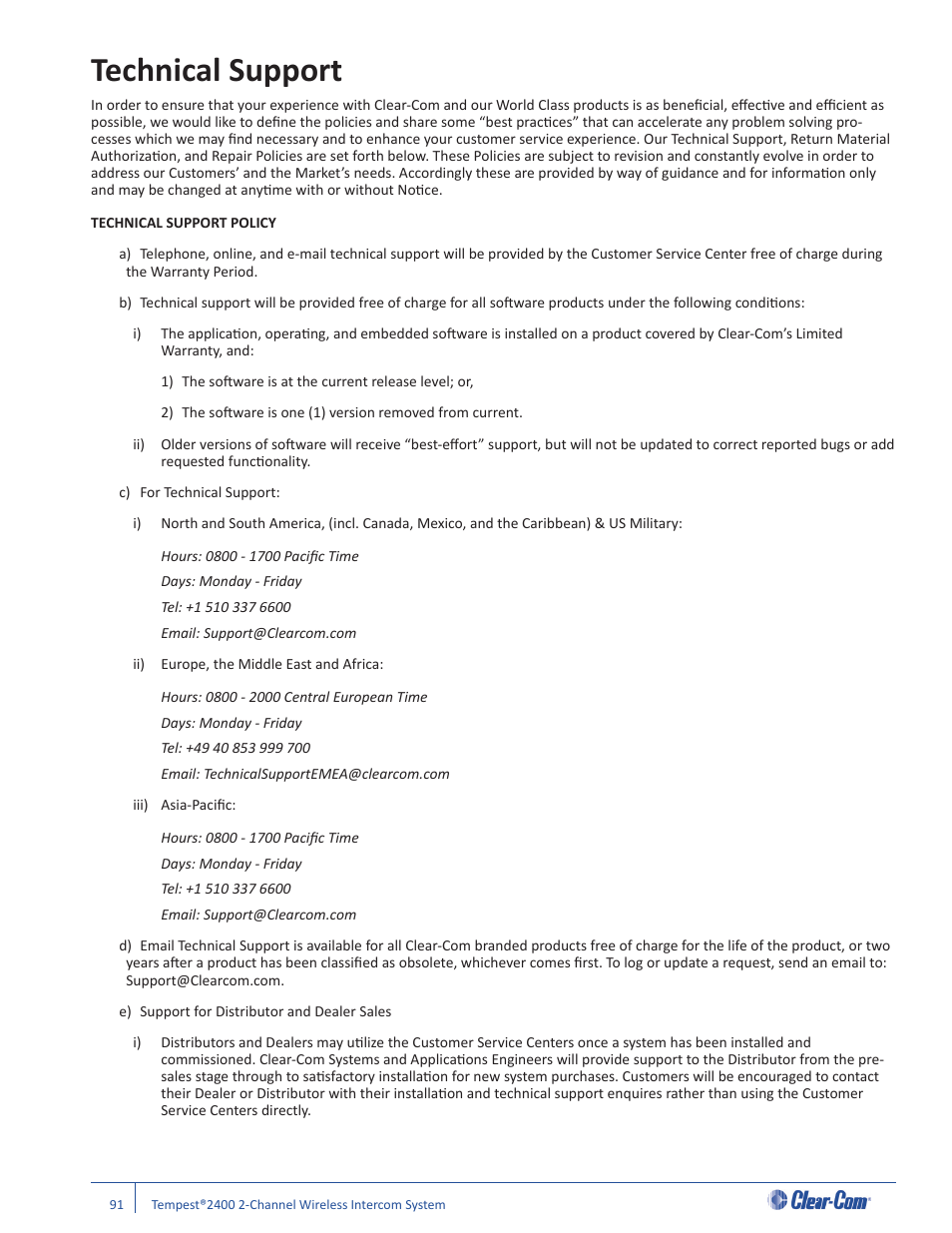 Technical support | Clear-Com Tempest2400 User Manual | Page 97 / 106