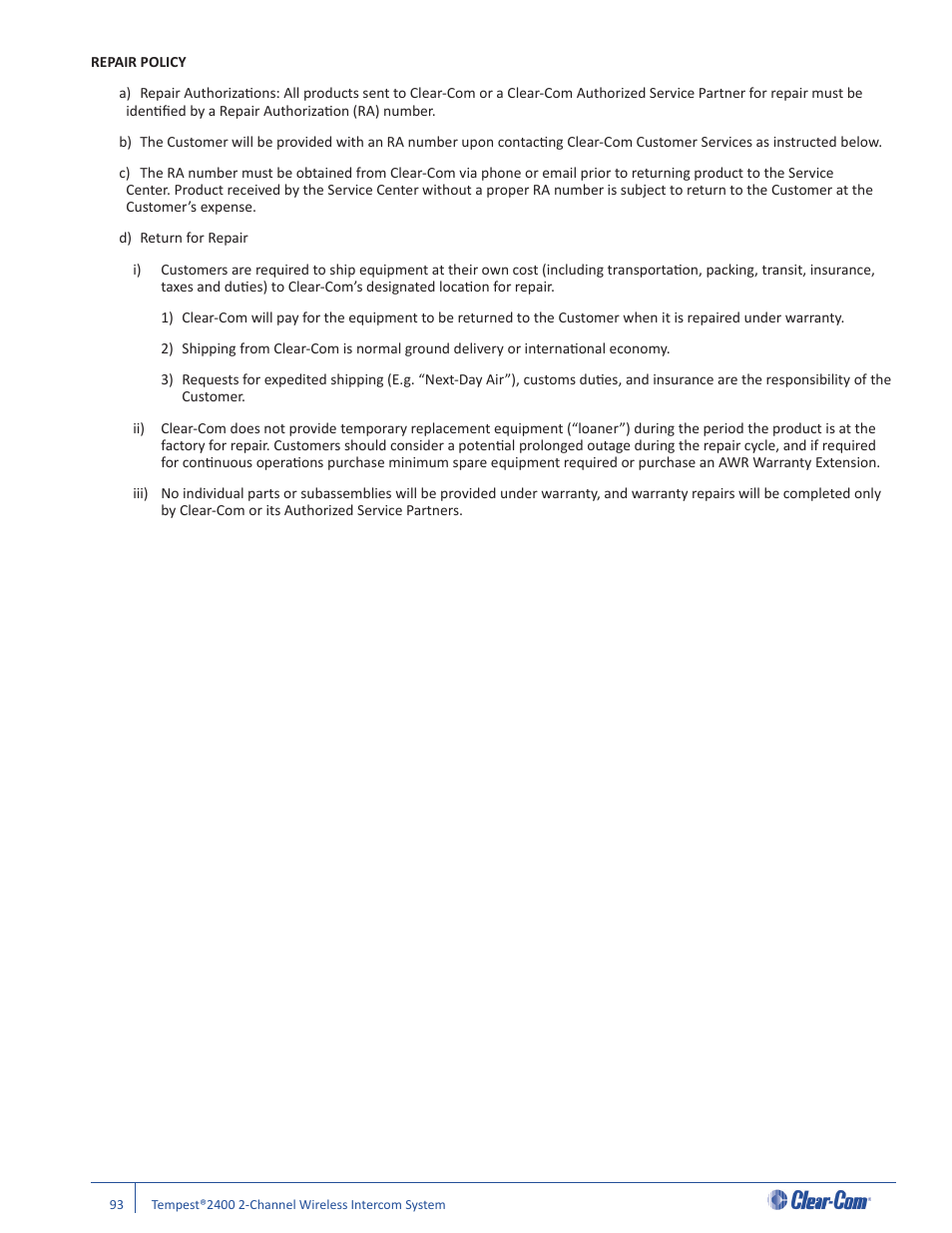 Clear-Com Tempest2400 User Manual | Page 99 / 106