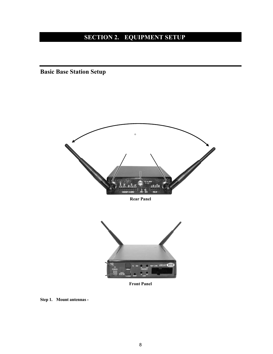 Section 2, Equipment setup, Base station setup | Basic base station setup | Clear-Com HME DX121 User Manual | Page 12 / 39