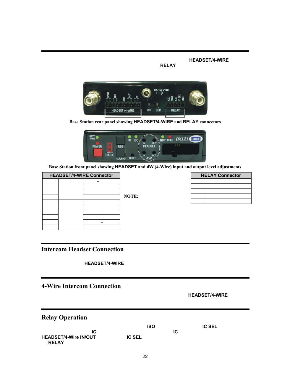 Intercom and relay connections, Intercom headset connection, Wire intercom connection | Relay operation | Clear-Com HME DX121 User Manual | Page 26 / 39