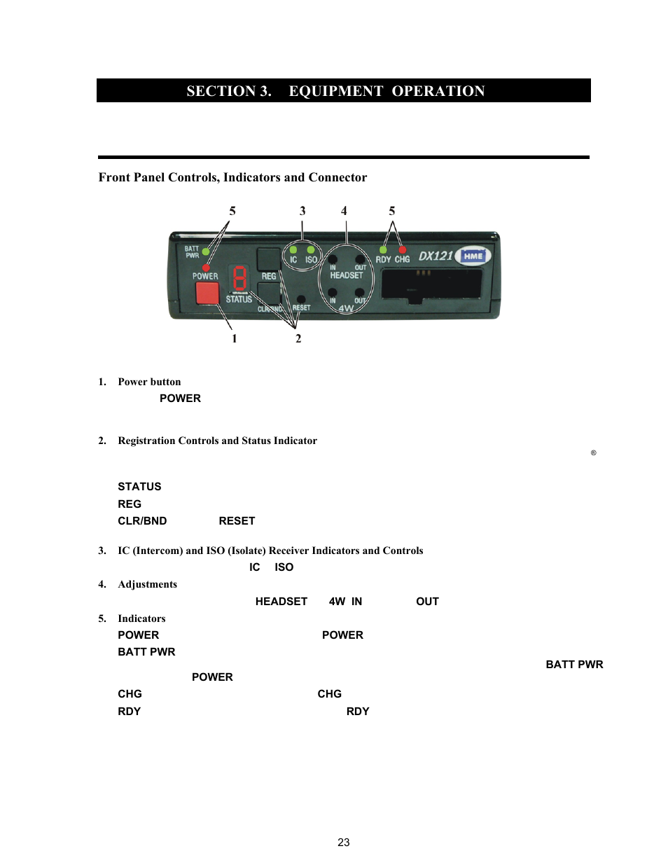 Section 3, Equipment operation, Base station operation | Clear-Com HME DX121 User Manual | Page 27 / 39