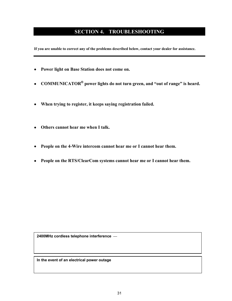 Section 4, Troubleshooting | Clear-Com HME DX121 User Manual | Page 35 / 39