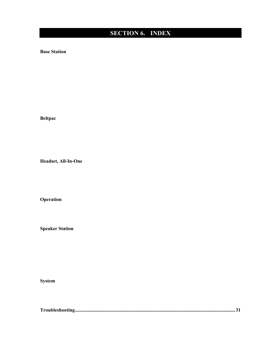 Section 6, Index | Clear-Com HME DX121 User Manual | Page 39 / 39