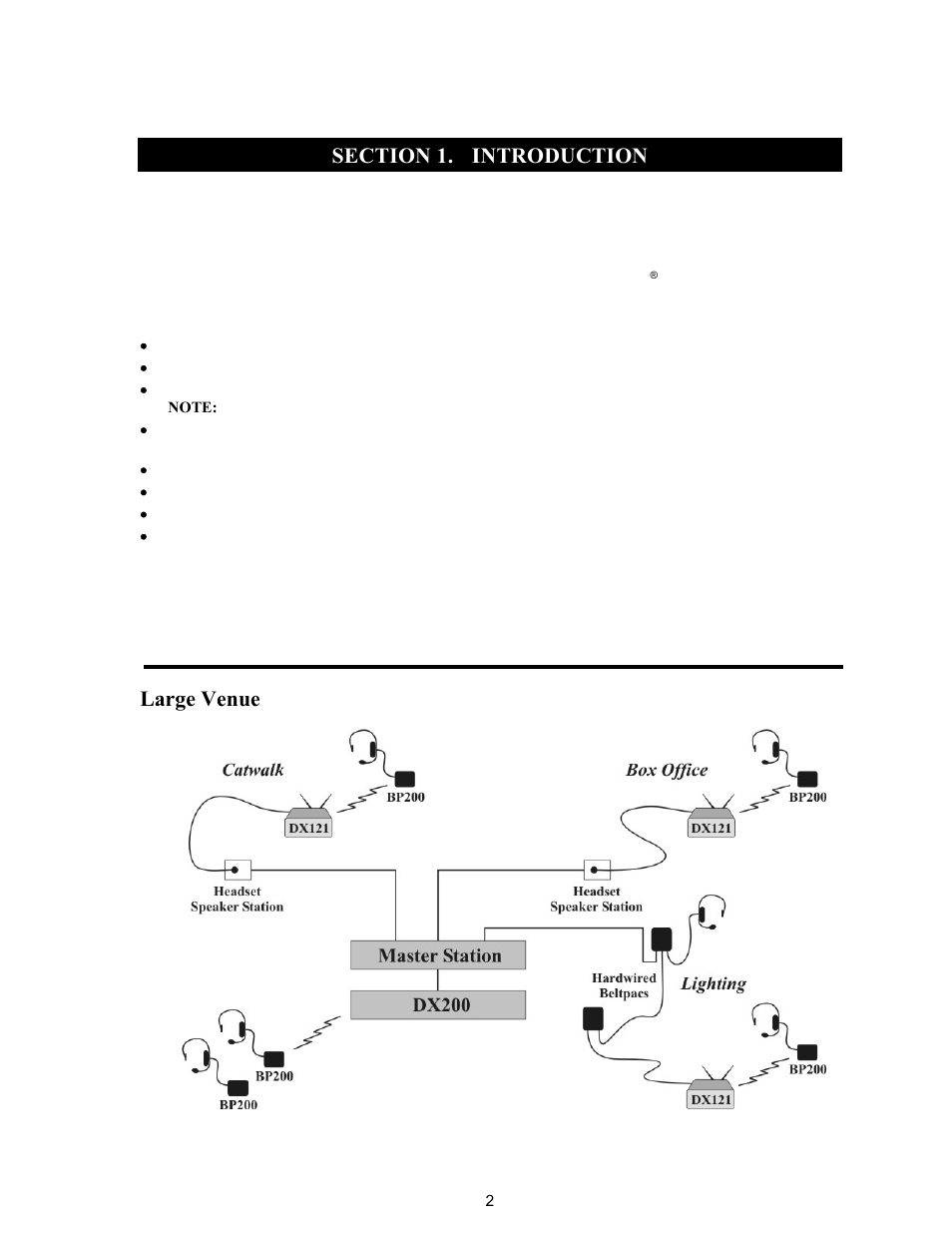 Section 1, Introduction, Typical dx121 applications | Large venue | Clear-Com HME DX121 User Manual | Page 6 / 39