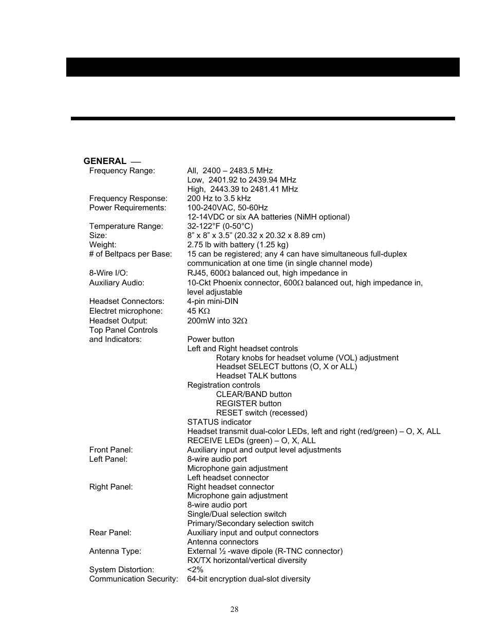 Section 6, Technical data, Equipment specifications | Base station | Clear-Com HME DX300ES User Manual | Page 31 / 34