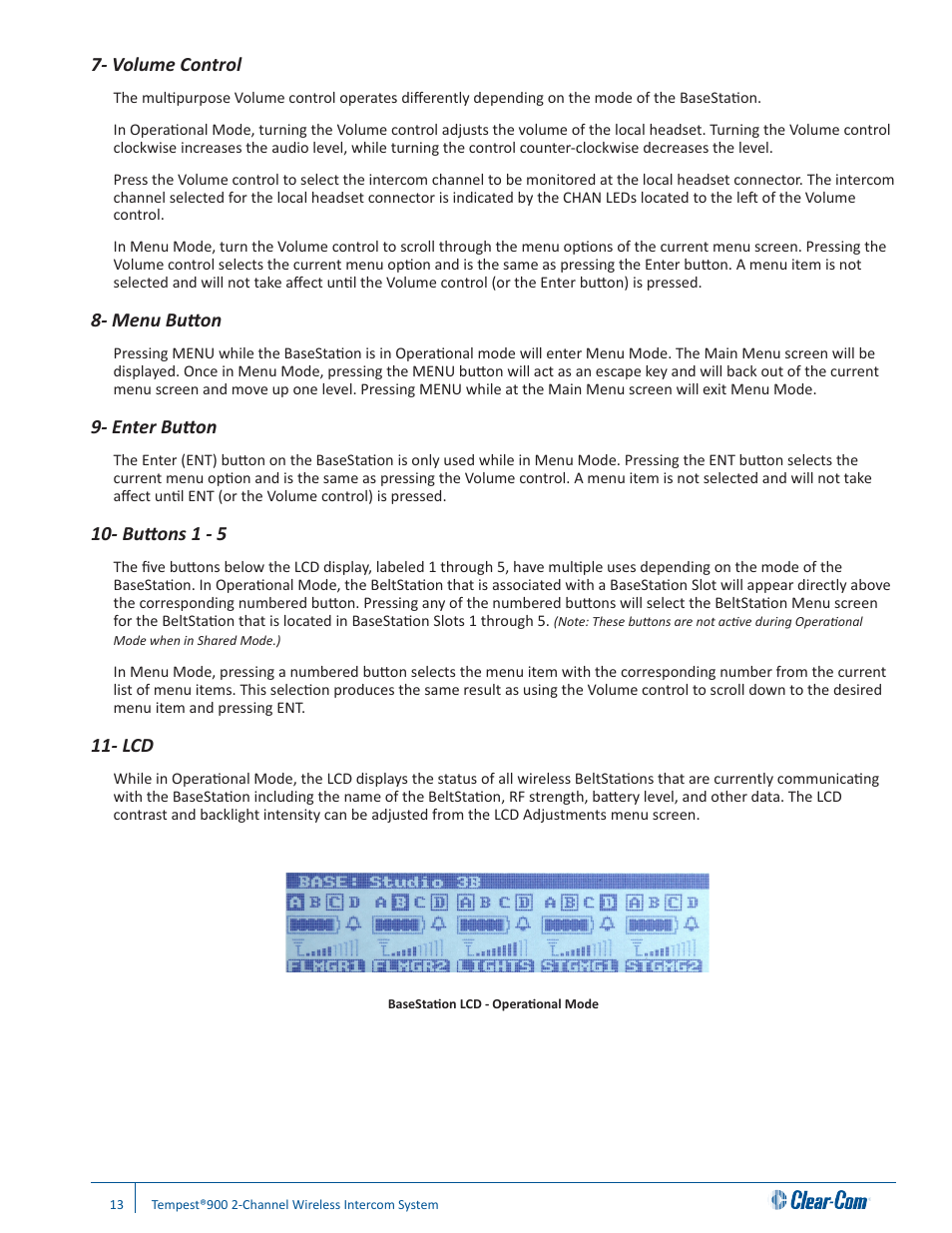 Volume control, Menu button, Enter button | Buttons 1 - 5 | Clear-Com Tempest900 User Manual | Page 19 / 100