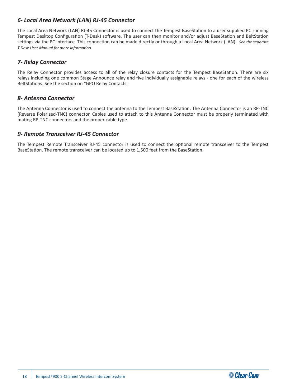 Local area network (lan) rj-45 connector, Relay connector, Antenna connector | Remote transceiver rj-45 connector | Clear-Com Tempest900 User Manual | Page 24 / 100