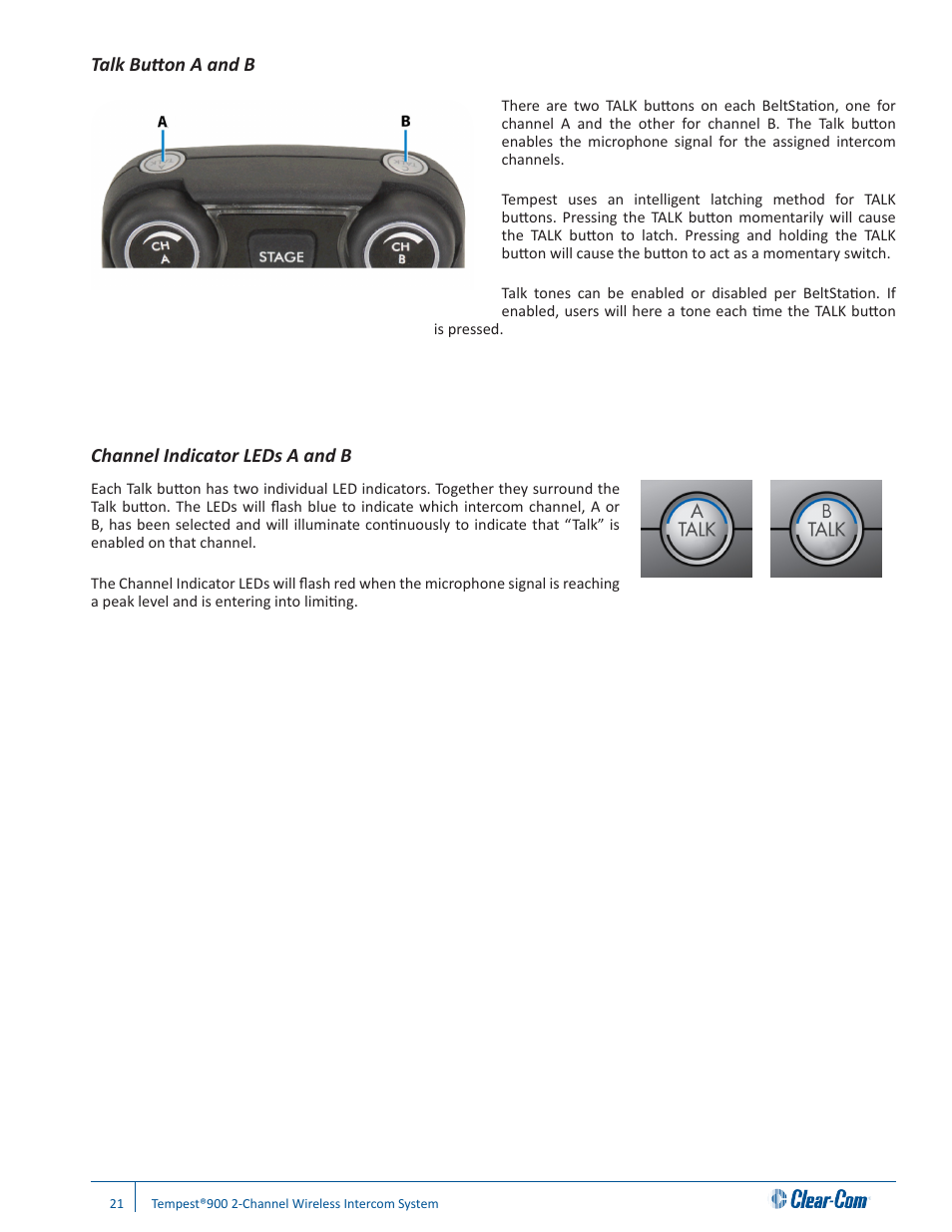 Talk button a and b, Channel indicator leds a and b | Clear-Com Tempest900 User Manual | Page 27 / 100