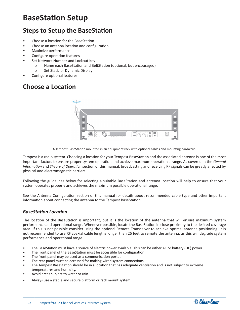 Basestation setup, Steps to setup the basestation, Choose a location | Basestation location | Clear-Com Tempest900 User Manual | Page 29 / 100