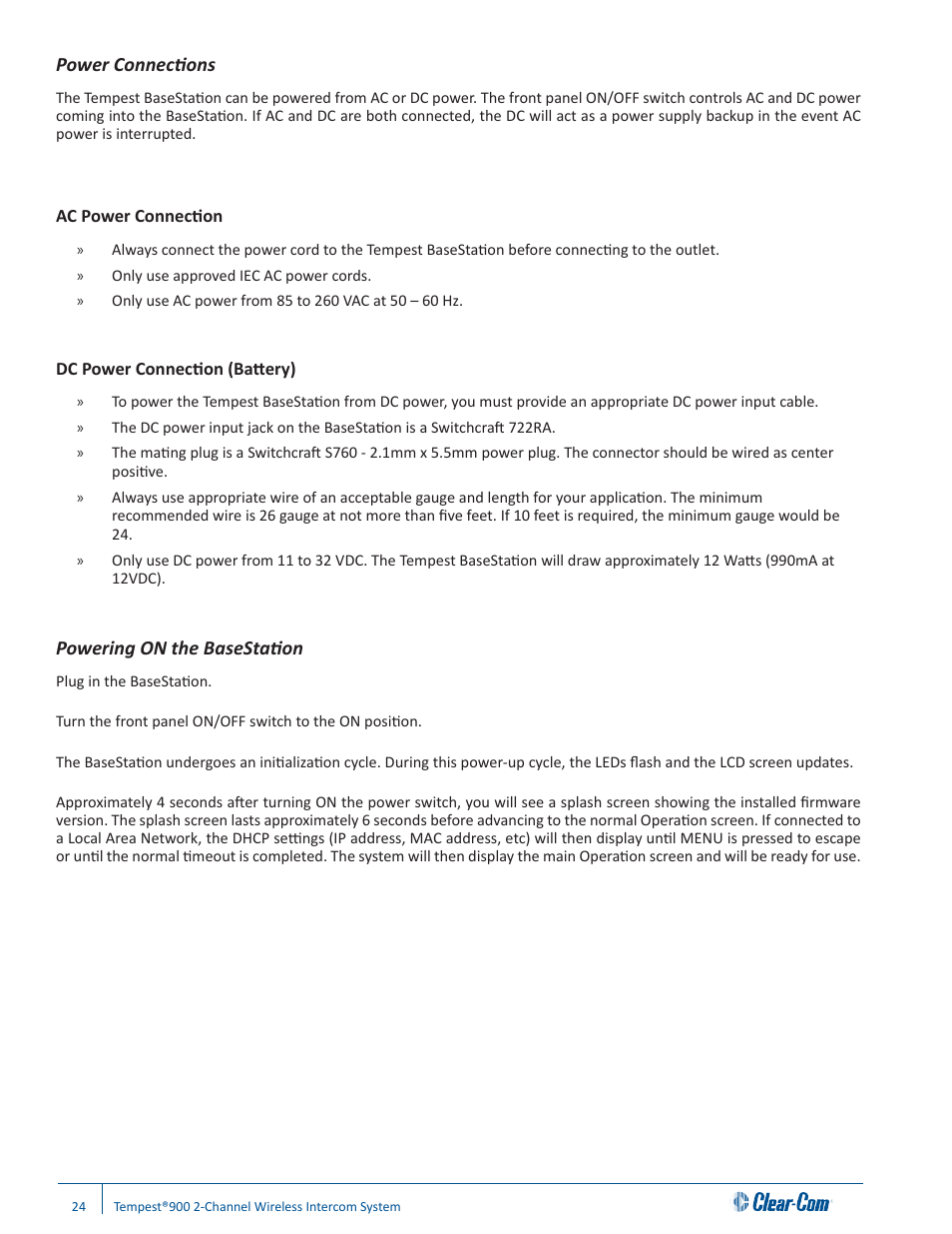 Power connections, Powering on the basestation | Clear-Com Tempest900 User Manual | Page 30 / 100