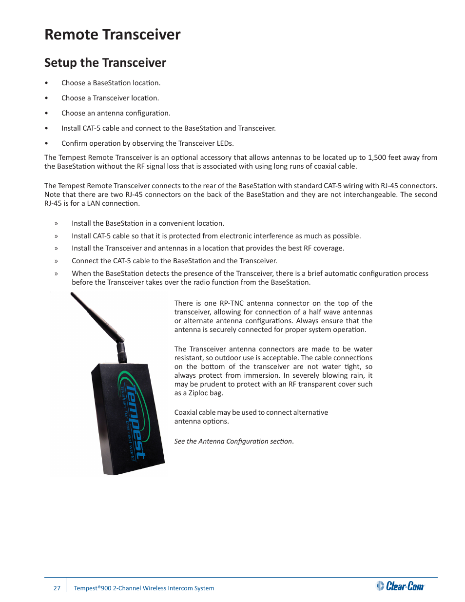 Remote transceiver, Setup the transceiver | Clear-Com Tempest900 User Manual | Page 33 / 100