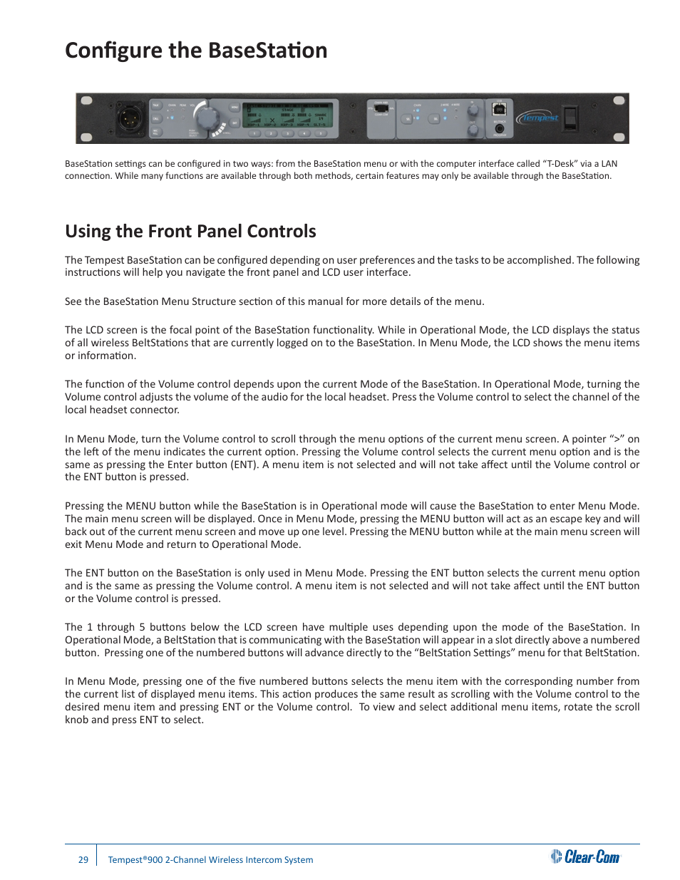 Configure the basestation, Using the front panel controls | Clear-Com Tempest900 User Manual | Page 35 / 100