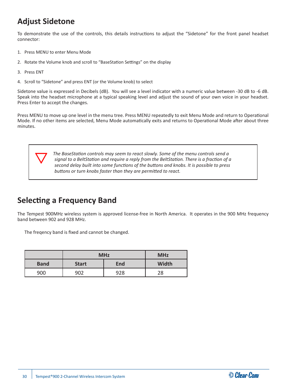 Adjust sidetone, Selecting a frequency band | Clear-Com Tempest900 User Manual | Page 36 / 100