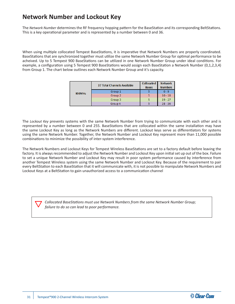 Network number and lockout key | Clear-Com Tempest900 User Manual | Page 37 / 100