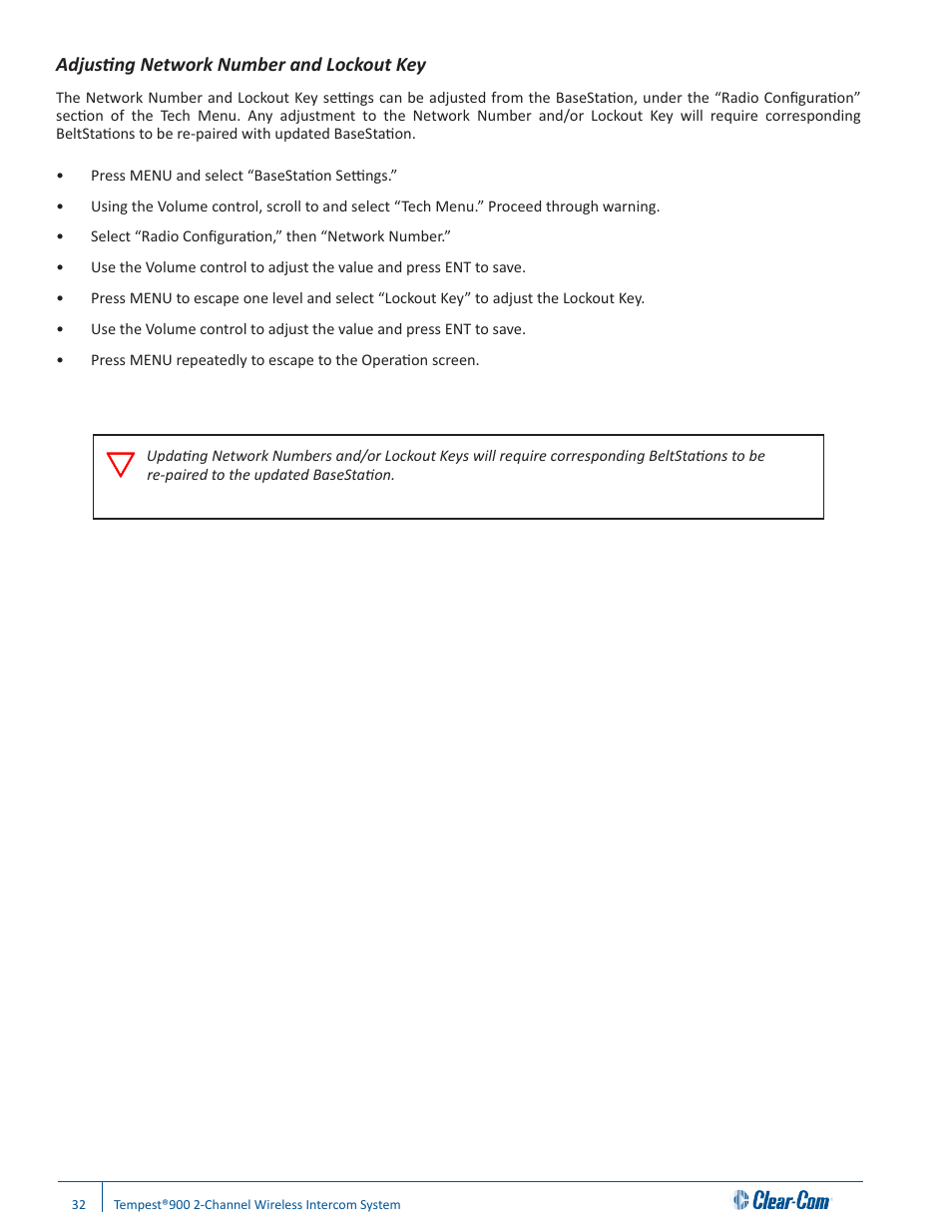 Adjusting network number and lockout key | Clear-Com Tempest900 User Manual | Page 38 / 100