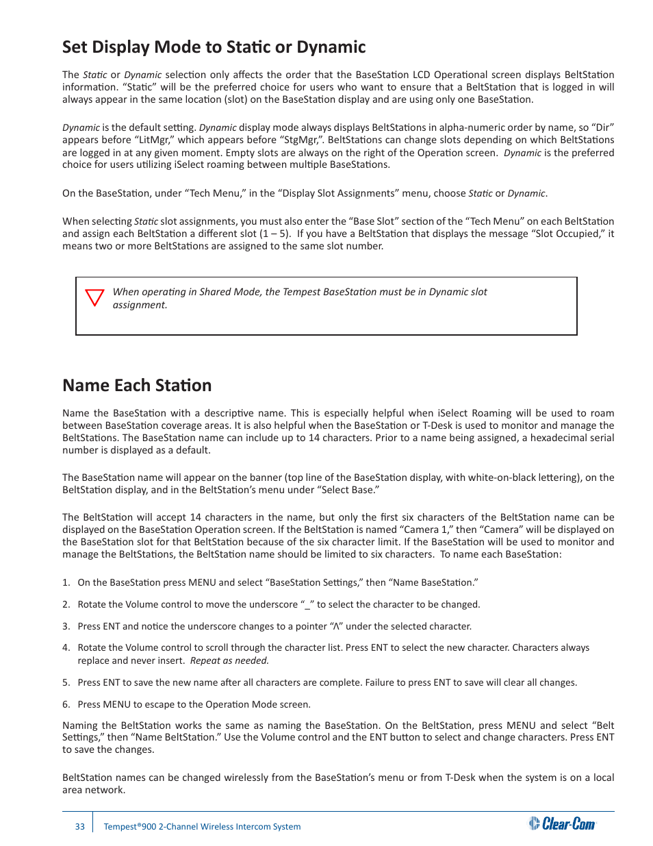 Set display mode to static or dynamic, Name each station | Clear-Com Tempest900 User Manual | Page 39 / 100