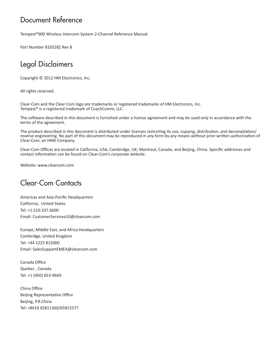 Document reference, Legal disclaimers, Clear-com contacts | Clear-Com Tempest900 User Manual | Page 4 / 100