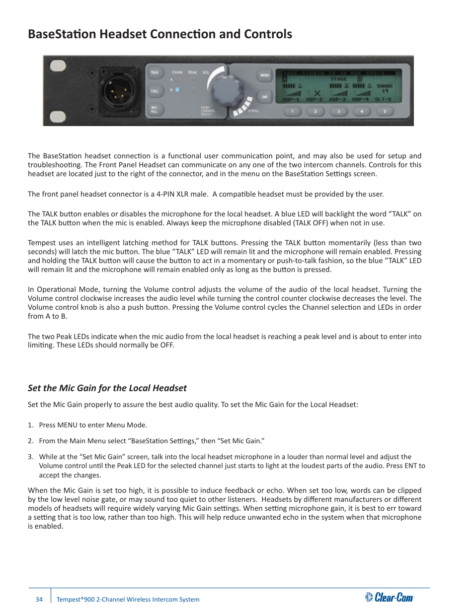 Basestation headset connection and controls, Set the mic gain for the local headset | Clear-Com Tempest900 User Manual | Page 40 / 100