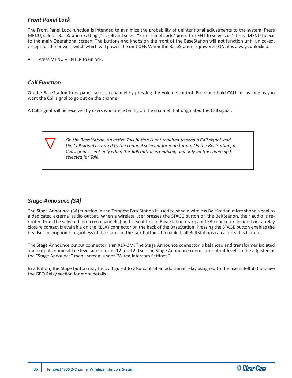 Front panel lock, Call function, Stage announce (sa) | Clear-Com Tempest900 User Manual | Page 41 / 100