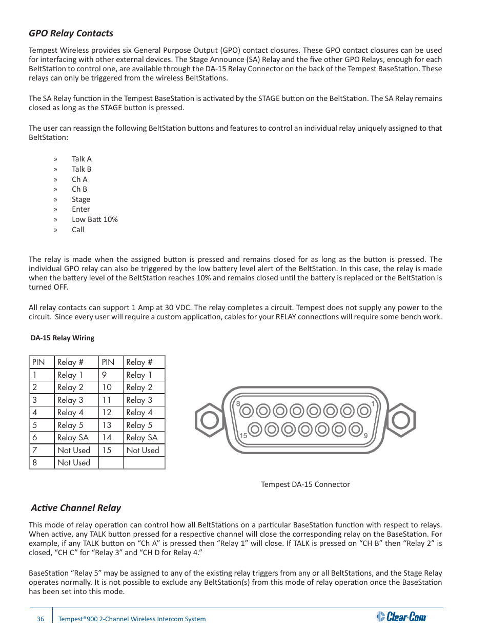 Gpo relay contacts, Active channel relay | Clear-Com Tempest900 User Manual | Page 42 / 100