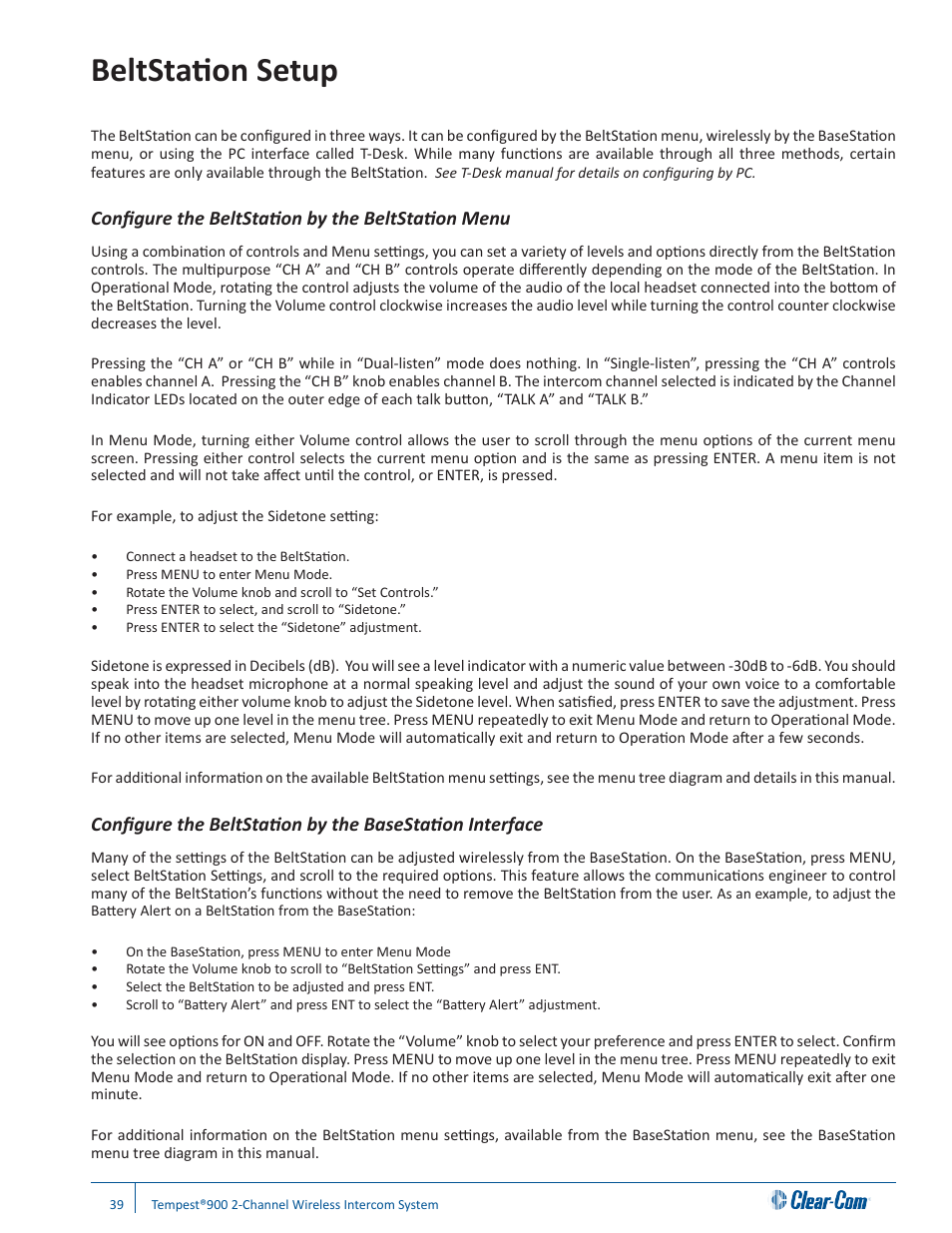 Beltstation setup, Configure the beltstation by the beltstation menu | Clear-Com Tempest900 User Manual | Page 45 / 100