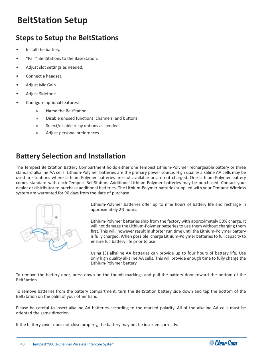 Beltstation setup, Steps to setup the beltstations, Battery selection and installation | Clear-Com Tempest900 User Manual | Page 46 / 100