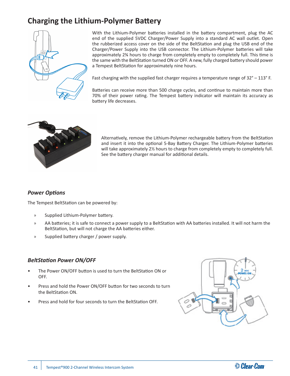 Charging the lithium-polymer battery, Power options, Beltstation power on/off | Clear-Com Tempest900 User Manual | Page 47 / 100