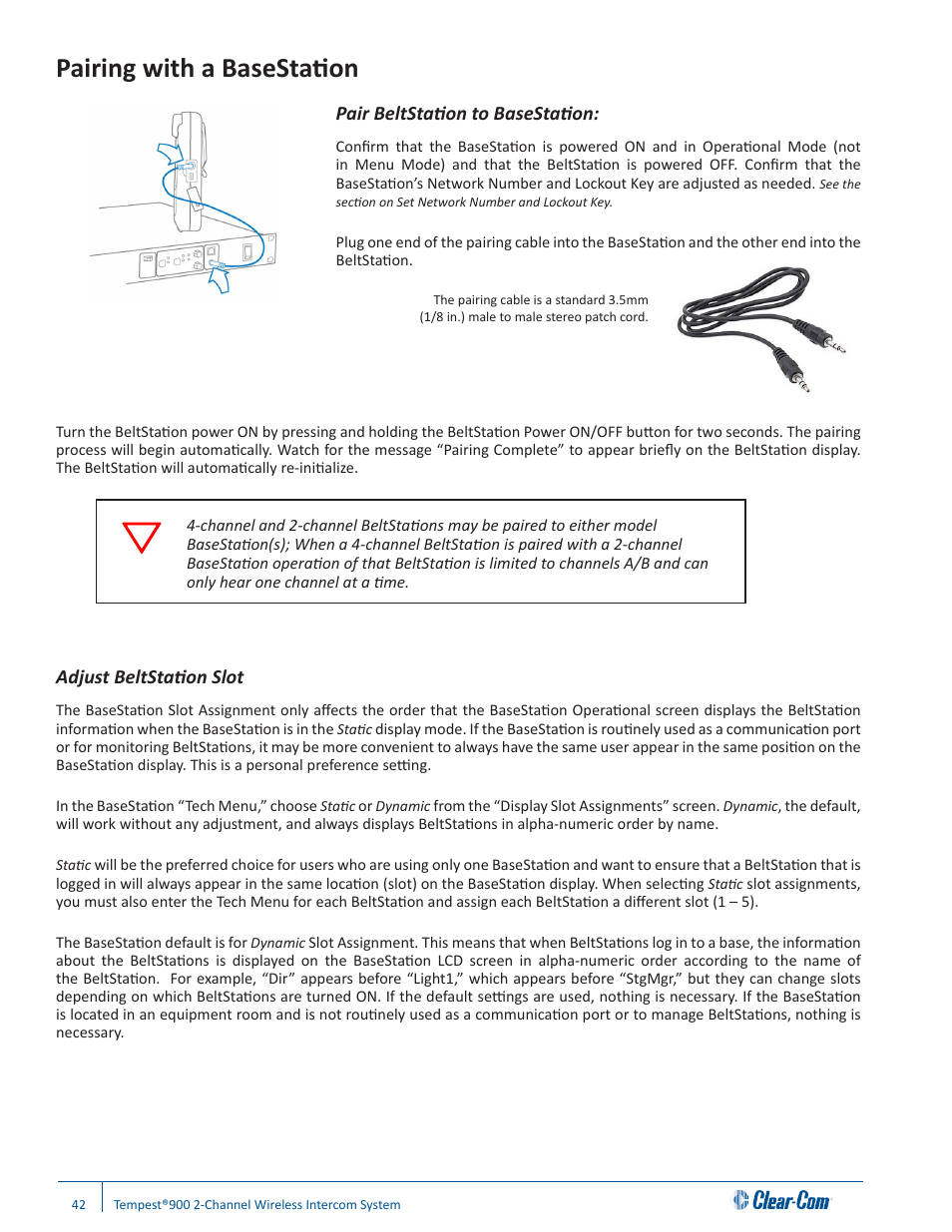 Pairing with a basestation, Pair beltstation to basestation, Adjust beltstation slot | Clear-Com Tempest900 User Manual | Page 48 / 100