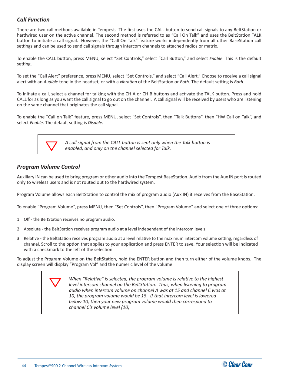 Call function, Program volume control | Clear-Com Tempest900 User Manual | Page 50 / 100