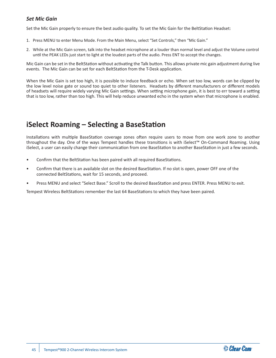 Iselect roaming – selecting a basestation, Set mic gain | Clear-Com Tempest900 User Manual | Page 51 / 100