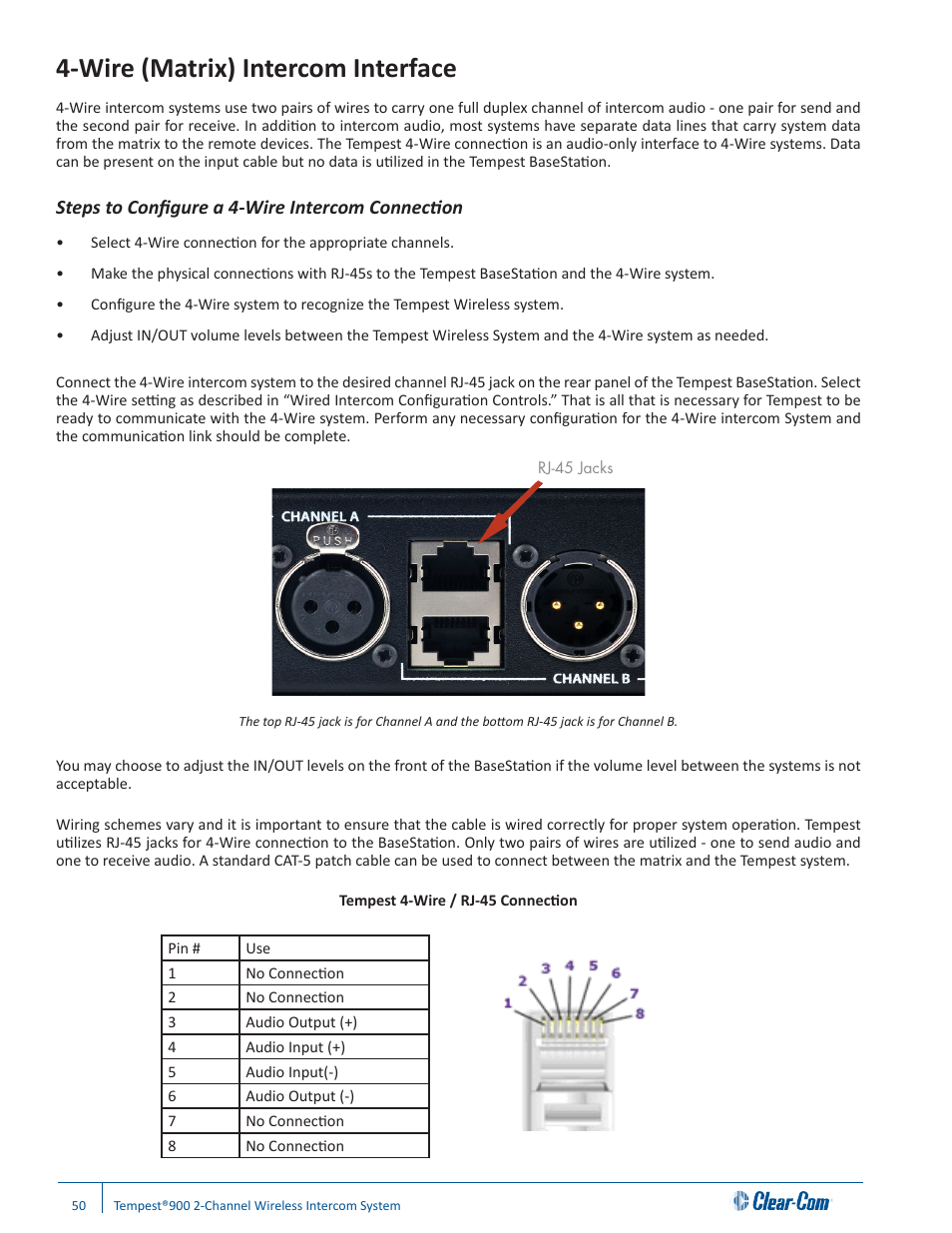 Wire (matrix) intercom interface, Steps to configure a 4-wire intercom connection | Clear-Com Tempest900 User Manual | Page 56 / 100